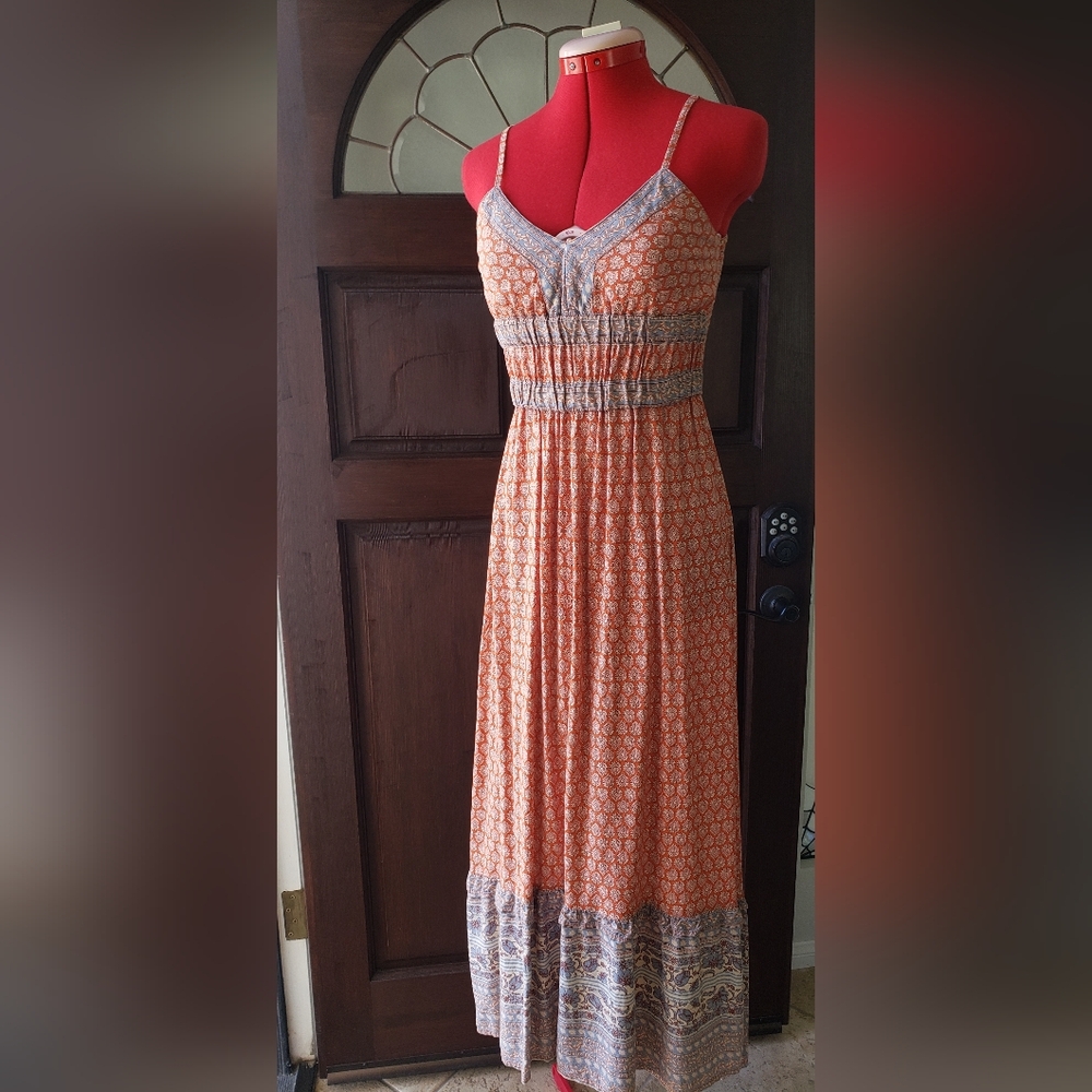 Japna Vibrant Burnt Orange and Blue Gray Maxi Dress
